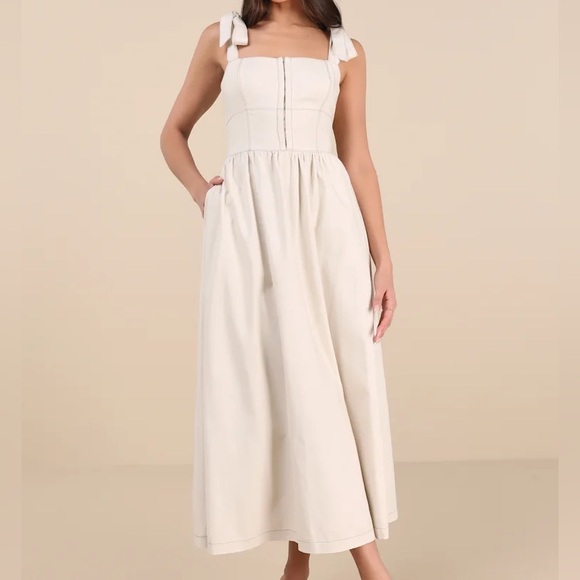 Lulus Dresses & Skirts - NWT Lulu's Callina Cream Midi Tie-Strap Dress size Medium